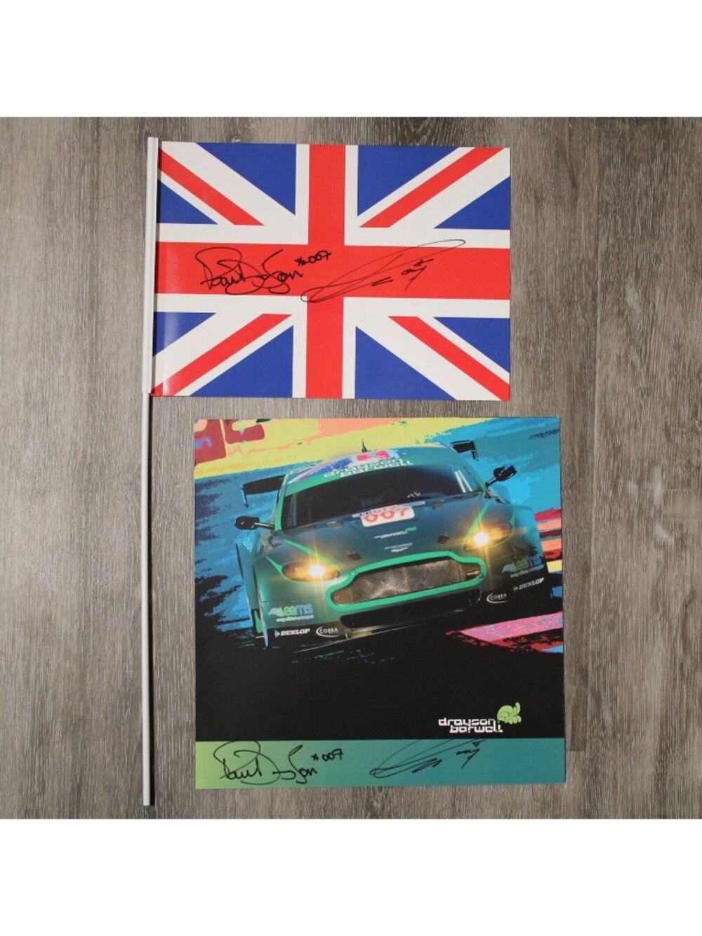 2008 Drayson Barwell Austin Martin Vantage GT2 Signed Drayson Cocker Card Flag